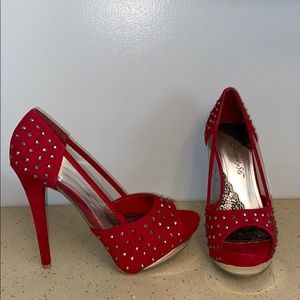 5” Red peep toe pumps with rhinestones